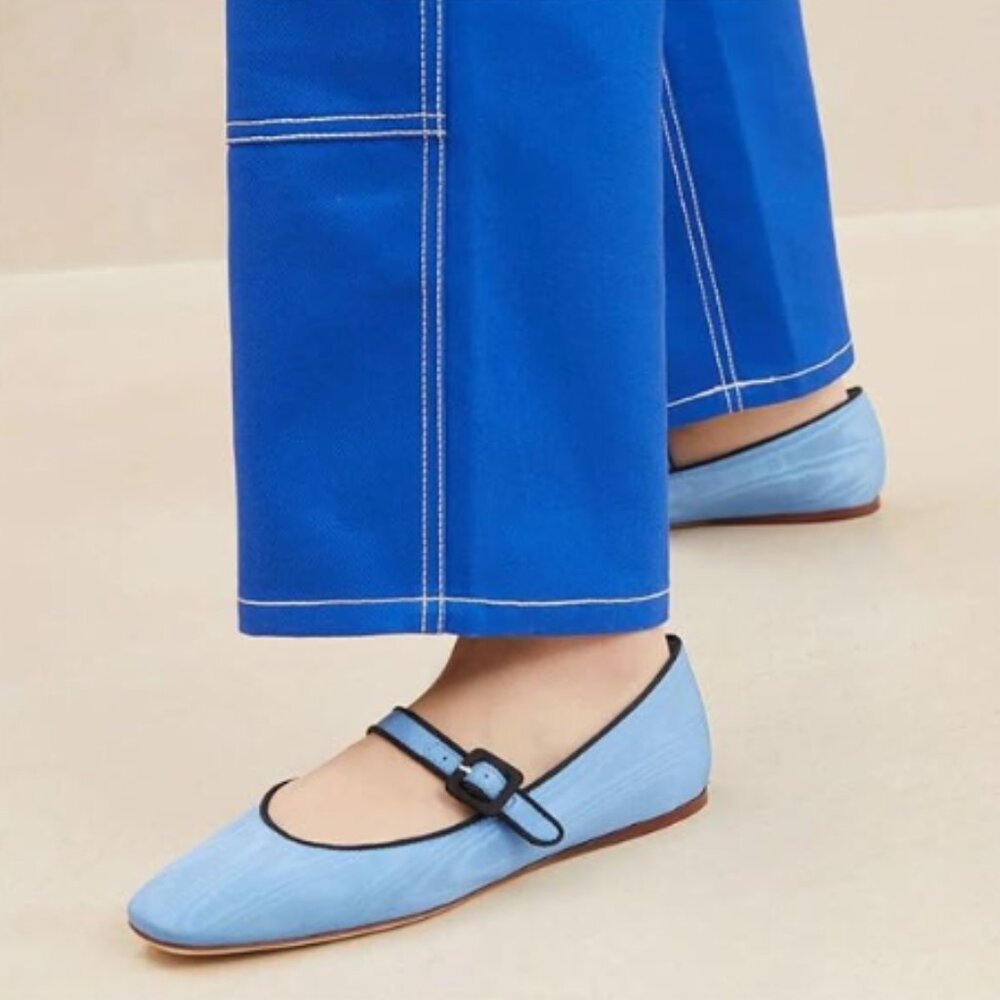 miss left Blue Satin Buckle Strap Mary Janes Round Toe Ballet Flats Slip On Shoe